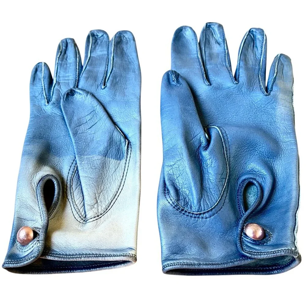 Vintage 70's Blue Leather Gloves Button Womens 7 DAMAGED